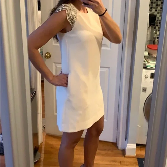 J Crew Cap Sleeve Cream Black Edged Lace Dress - Picture 3 of 7